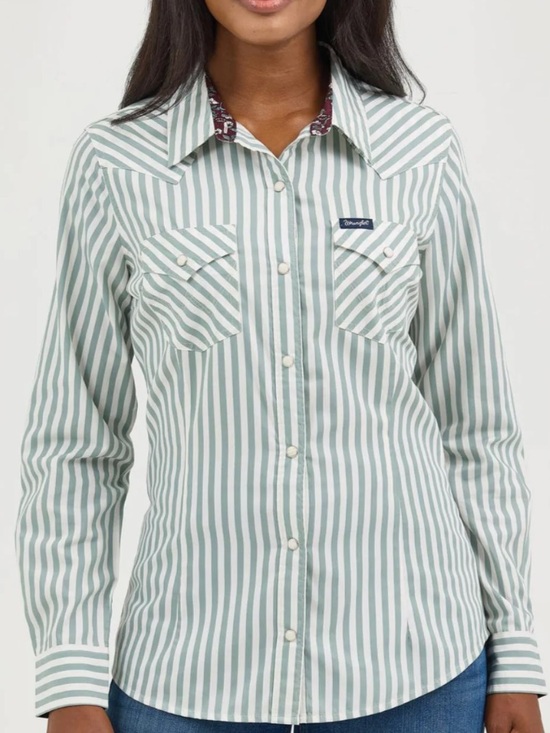 Wrangler Retro Tops - Wrangler RETERO Western LS Stripe Pearl snap Button Down Shirt green NWT